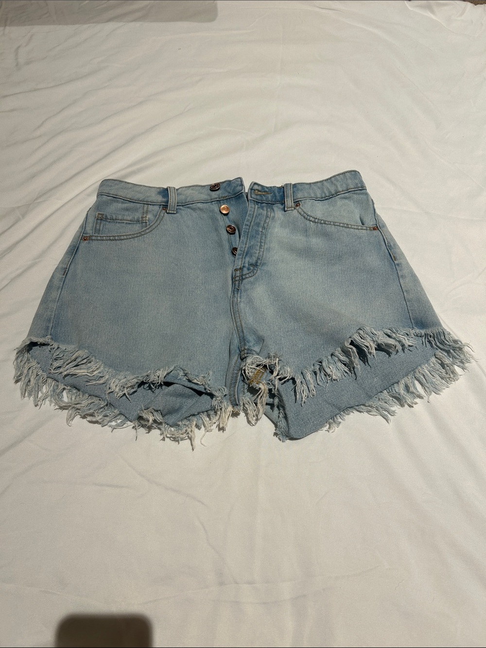 wild fable Light Blue Frayed High-Rise Denim Shorts